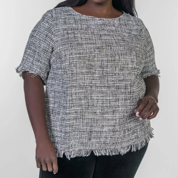Maree Pour Toi Tweed Fringe Blouse Plus Black White NWT Workwear Business Top - Picture 1 of 13